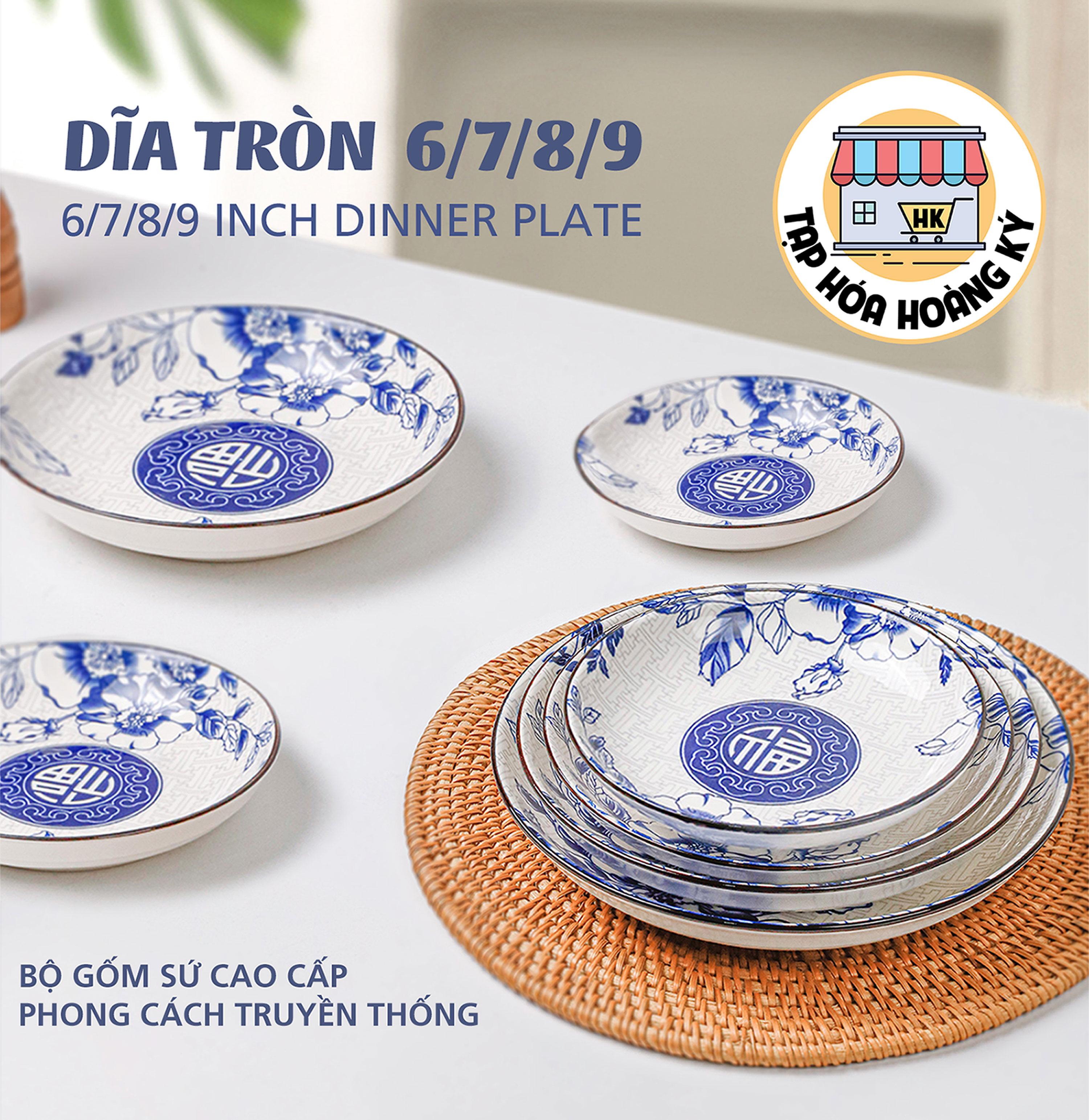 Dĩa tròn gốm sứ hoa văn Chữ Phúc 4D