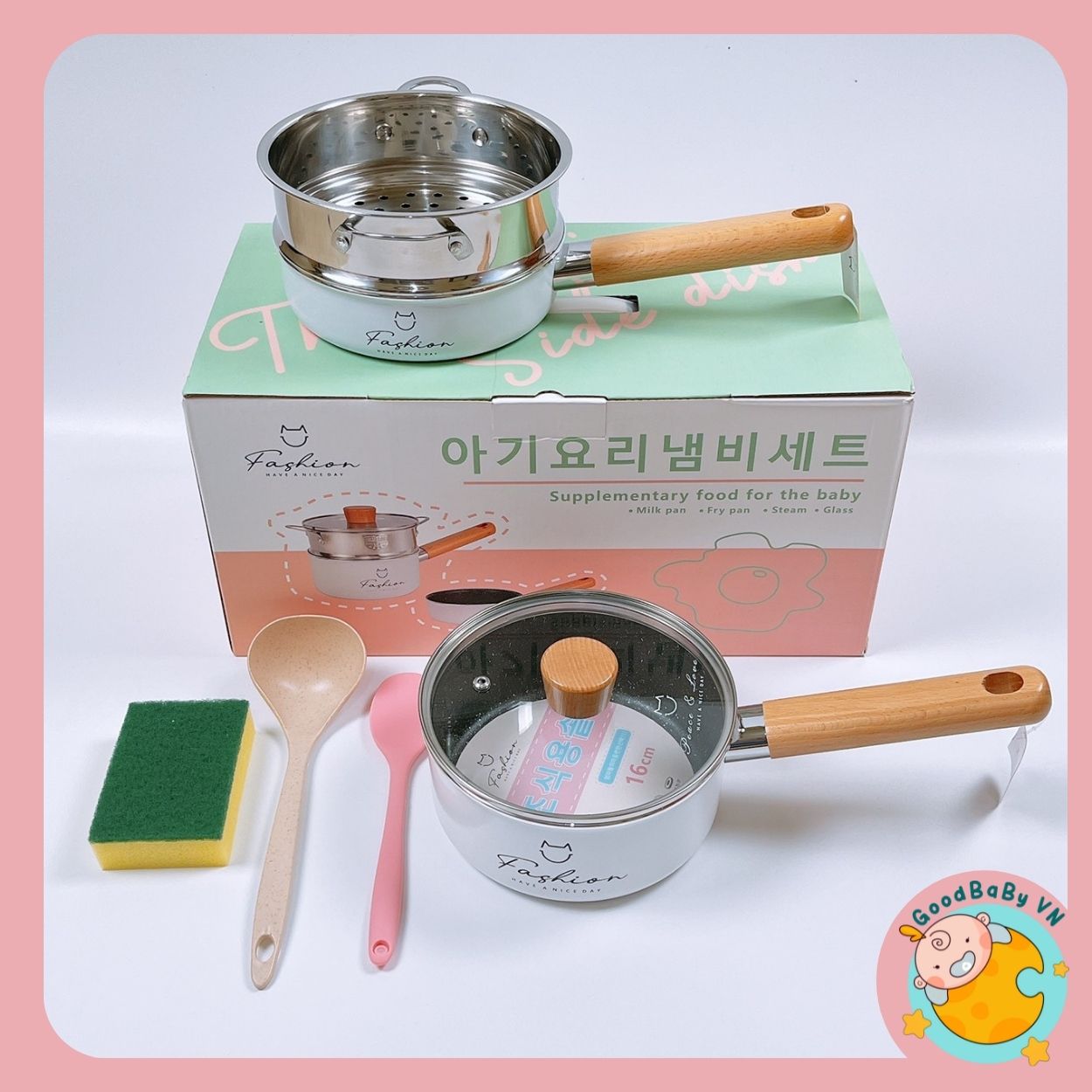 Bộ nồi chảo ăn dặm ,nấu cháo,quấy bột kèm xửng hấp cho bé FASHION chống dính cao cấp GoodbabyTBVN