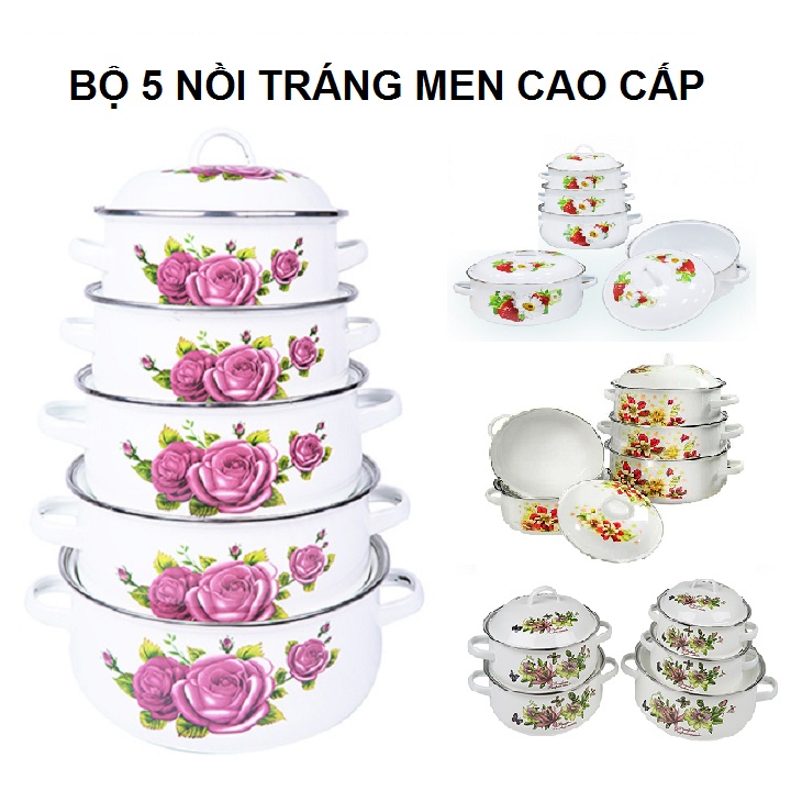 [HCM]Bộ 5 Nồi Tráng Men Cao Cấp HOA VĂN NGẪU NHIÊN