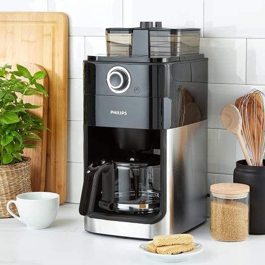 Máy xay cà phê Philips Grind và Brew HD7769/00, có máy xay, hẹn giờ, ngăn chứa đôi, bằng thép không gỉ, màu đen