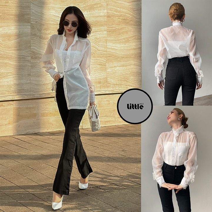 Áo sơ mi nữ tay dài chất tơ organza dáng dài freesize dưới 60kg "smtr"