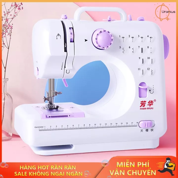 Máy Khâu Gia Đình, Máy May Mini Gia Đình FHSM 505A May Tự Động 12 Kiểu May, Có Đèn, Có Thể Dùng Pin Khi Mất Điện