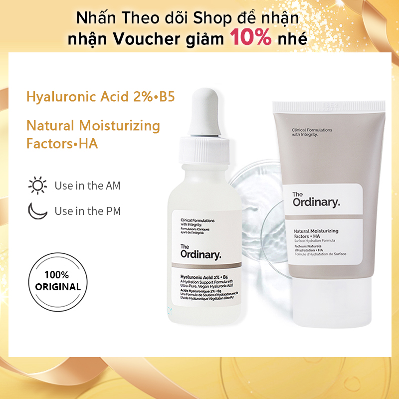 Bộ dưỡng da hằng ngày gồm tinh chất The ordinary Hyaluronic Acid 2% + B5 có dung tích 30ml & kem dưỡng ẩm Natural Moisturizing Factors + HA có dung tích 30ml - INTL