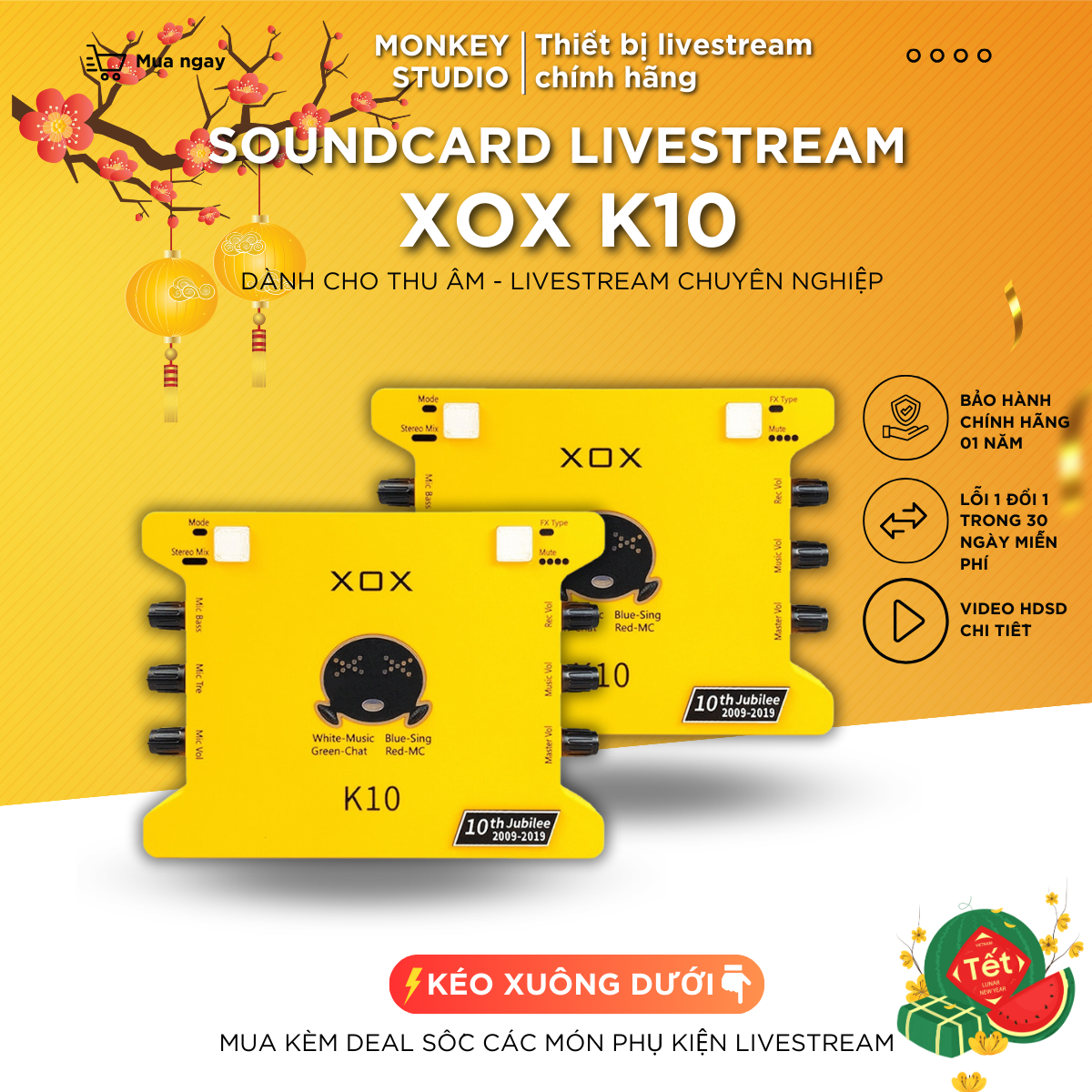 Sound card xox k10 2020 chính hãng, dành cho thu âm, hát livestream chuyên nghiệp, monkey studio