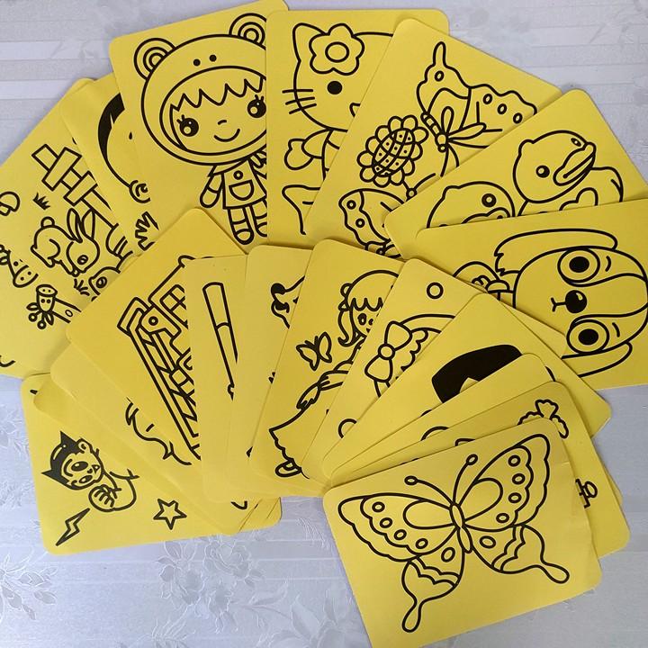 Tranh Cát, combo 10 Tranh cát A5 nền vàng, có kèm cát sẵn, 10 tranh khác nhau, đồ chơi cho bé