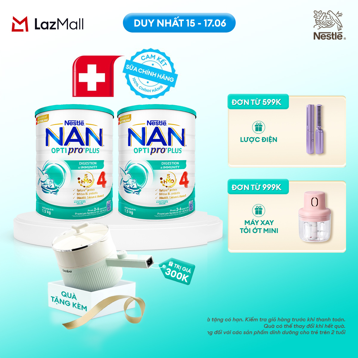 [CHỈ 15-17.06 QT Đơn 599K/999K][Tặng Nồi lẩu điện Gaabor] Bộ 2 lon Sữa Bột Nestlé NAN OPTIPRO PLUS 4 1500g Cho Bé 2 - 6 Tuổi: Công Thức Độc Quyền Nhập Khẩu Từ Thụy Sỹ, Chứa Phức Hợp 5-HMO