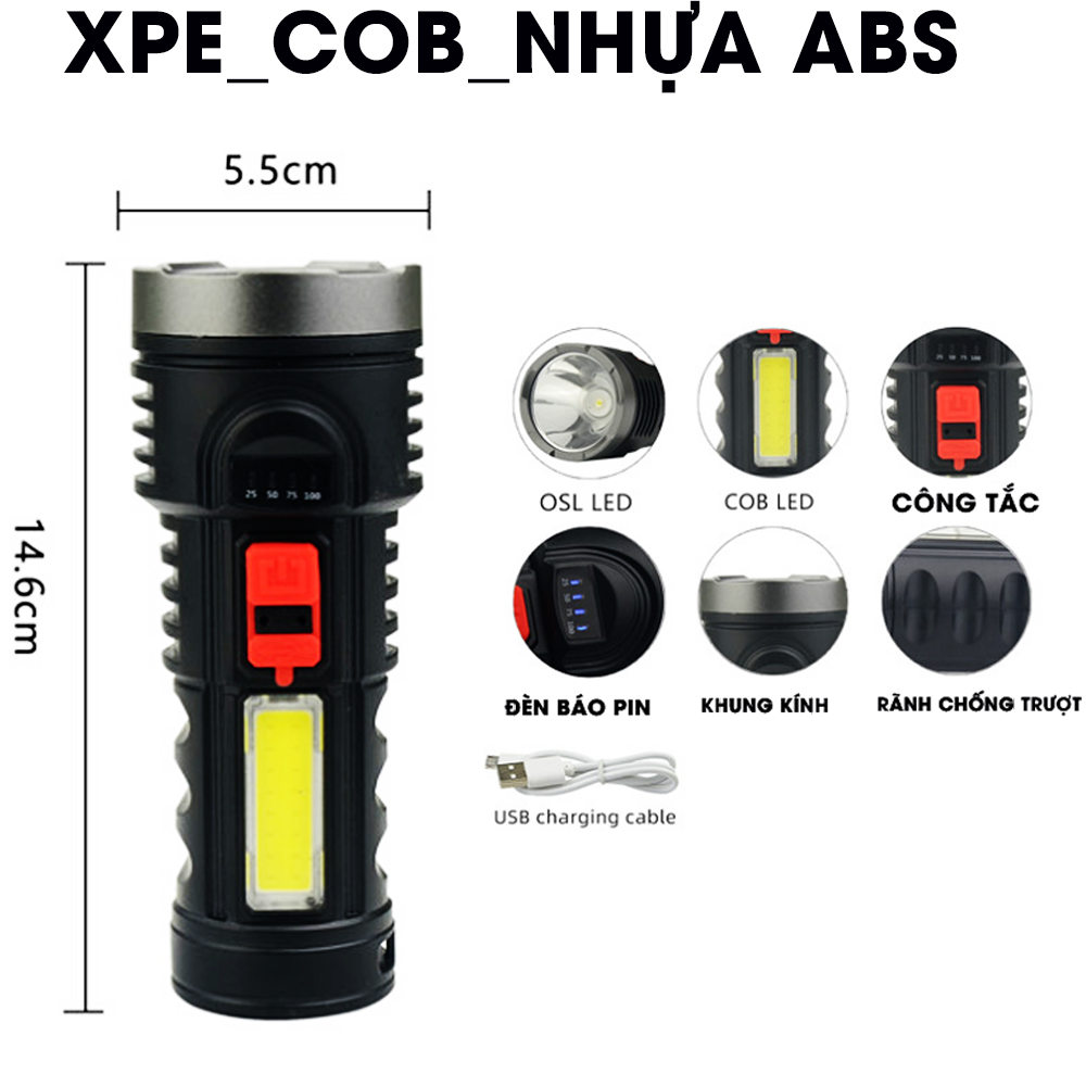 Đèn pin siêu sáng  XPE và COB  chất liệu nhưa ABS có chớp  có pha dung lượng pin 1200mah sạc điện cổng USB 5 v  có đèn báo pin  CÓ VIDEO SẢN PHẨM.