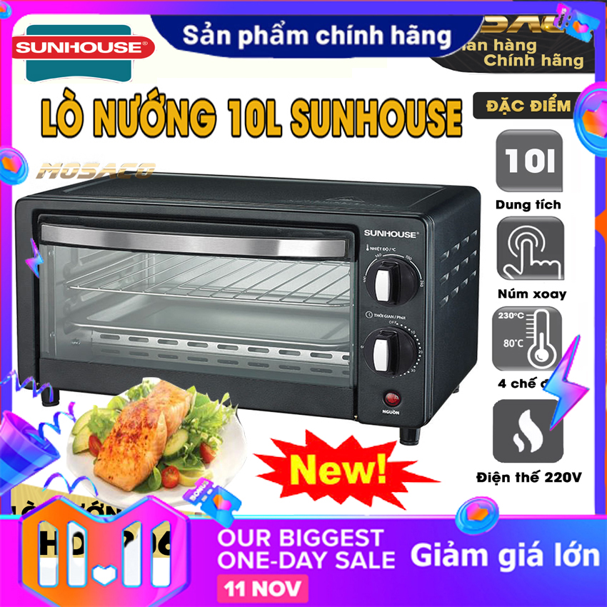 Lò nướng điện đa năng, lò nướng sunhouse - shd 4207 công xuất 800w, dung tích 10l, lò nướng điện mini cao cấp có chế độ hẹn giờ, thanh nướng phủ lớp trống dính an toàn, lò nướng mini - bh 12 tháng, lỗi 1 dổi 1 trong 7 ngày