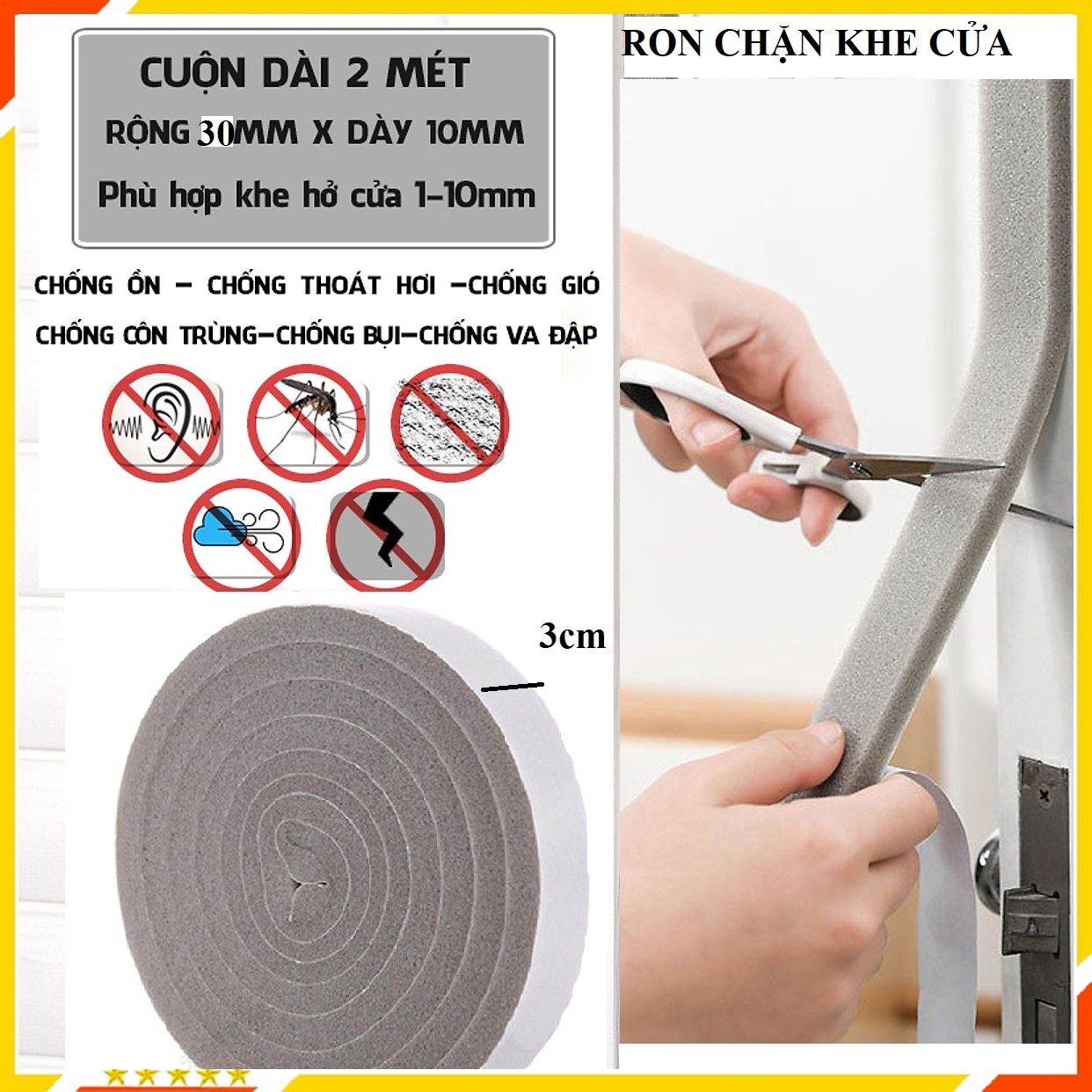 2 mét Xốp cách âm – Nẹp xốp chặn khe cửa – Miếng dán cách âm - Chắn cửa – Chặn khe cửa