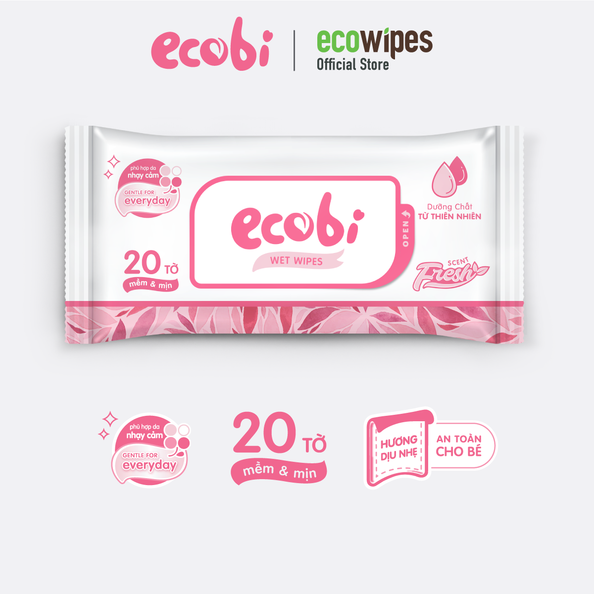 Khăn Giấy Ướt Em Bé - Khăn Ướt Ecobi 20 tờ gói