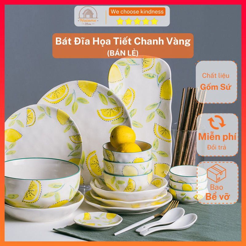 Bát đĩa sứ, bát đĩa cao cấp họa tiết chanh vàng dùng cho bàn ăn - Bán lẻ