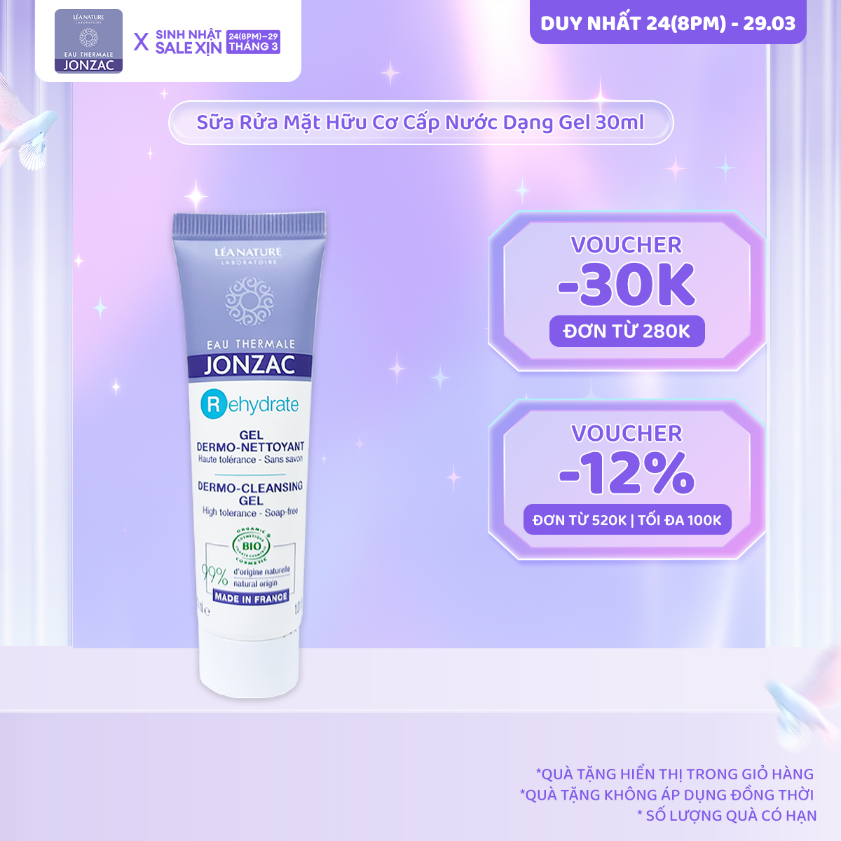 Sữa rửa mặt hữu cơ cấp nước dạng gel eau thermale jonzac rehydrate dermo cleansing gel 30ml - 200ml