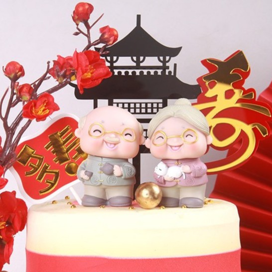 Tượng cặp đôi ông bà già hạnh phúc trang trí bánh kem, phụ kiện trang trí