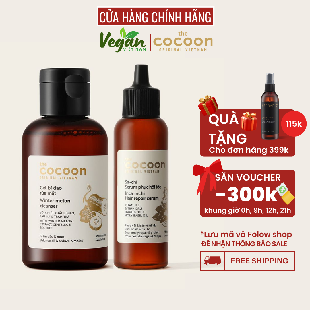 Combo gel bí đao rửa mặt cocoon 140ml + Sa-Chi serum phục hồi tóc cocoon 70ml - Vegan Việt Nam