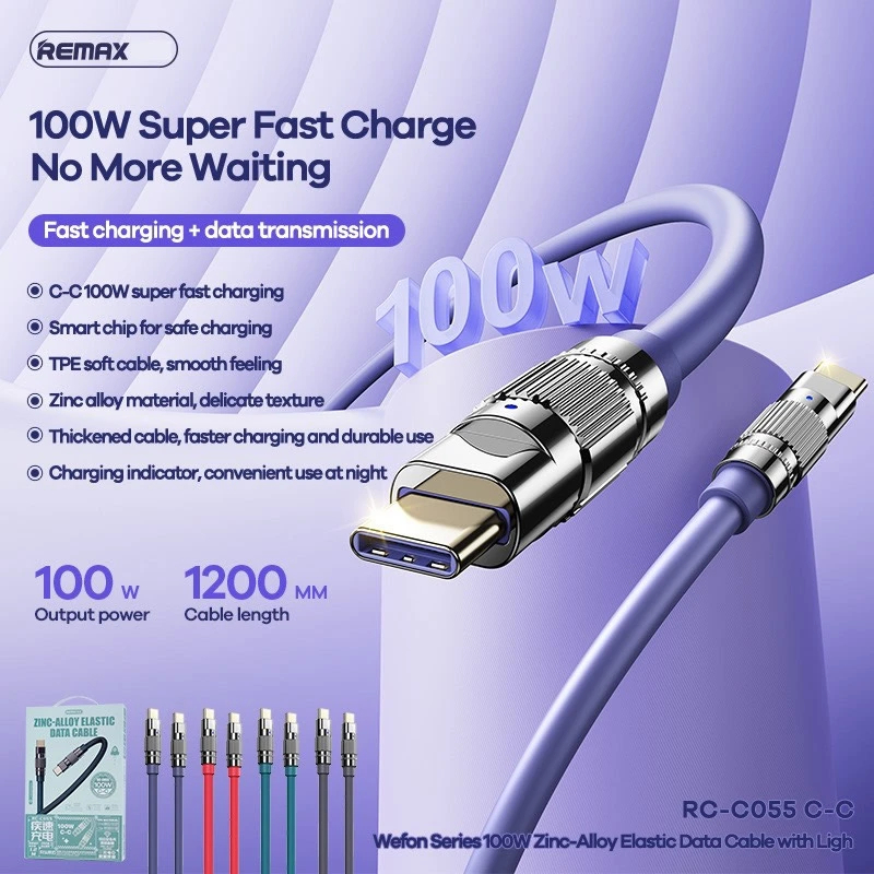 Cáp sạc nhanh remax rc-c055 type-c to type-c, output 100w, dây 1.2m siêu bền - b