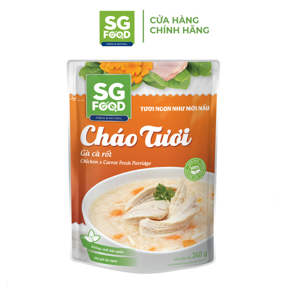 Thùng 28 gói cháo tươi SG Food Deli Mix Vị 240g (thịt thăn rau củ, cá đậu xanh, gà cà rốt, tôm thịt rau ngót)