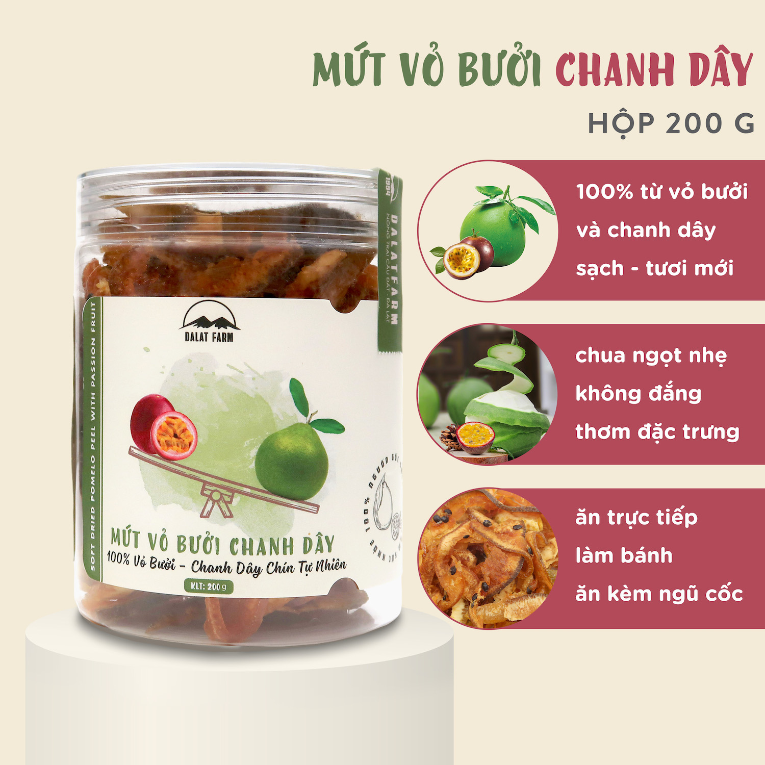 Mứt vỏ bưởi chanh dây dalat farm - hộp 200g