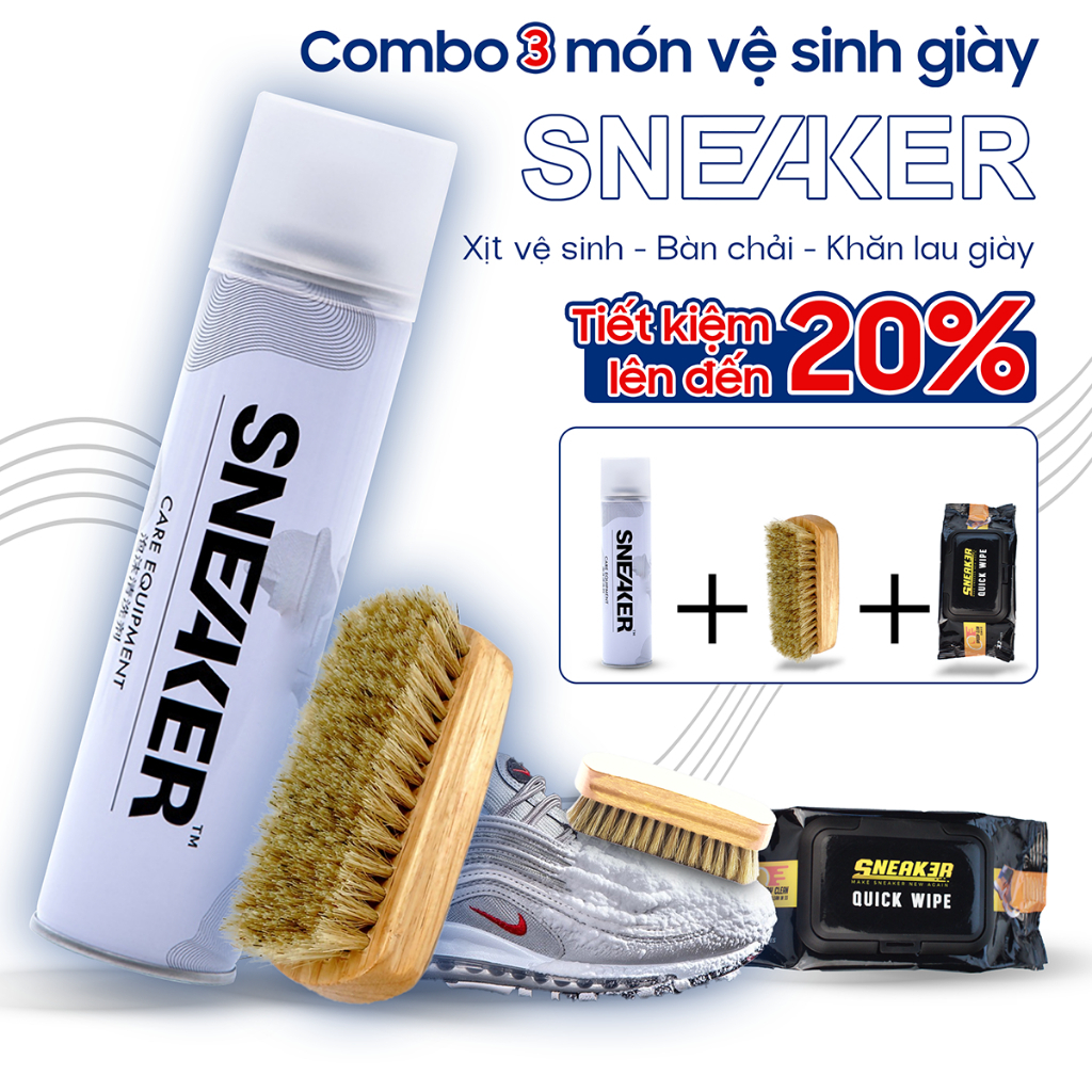 Bộ phụ kiện chăm sóc giầy Sneaker chuyên nghiệp, dụng cụ 3 món gồm bình sịt vệ sinh giầy kèm bàn chải đánh giầy và 1 gói 32 khăn giấy lau giầy dép.