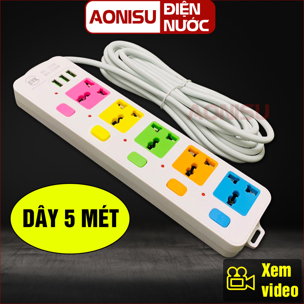 Ổ Cắm Điện Thông Minh 5 Phích , 3 Cổng Sạc USB , Dây Dài 5 Mét - Ổ Điện Đa Năng Có Công Tắc , Ổ Điện Thông Minh , Phích Cắm Điện Chống Giật , Phích Cắm Đa Năng