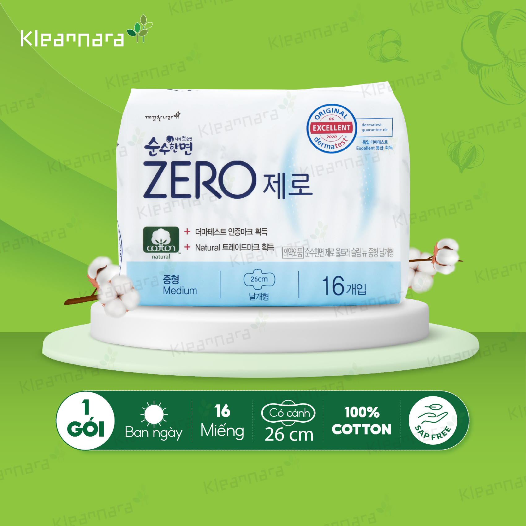Băng vệ sinh Kleannara Zero Hàn Quốc siêu êm thoáng ban ngày size M 26cm - 16 miếng/gói có cánh