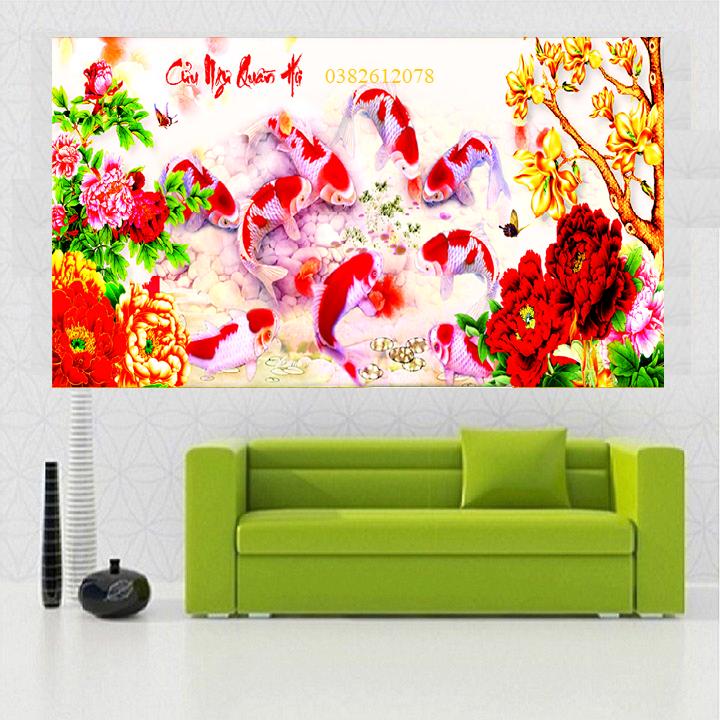 Tranh đính đá Cửu Ngư Quần Hội Kích Thước 115*50cm (Tranh Chưa Đính)