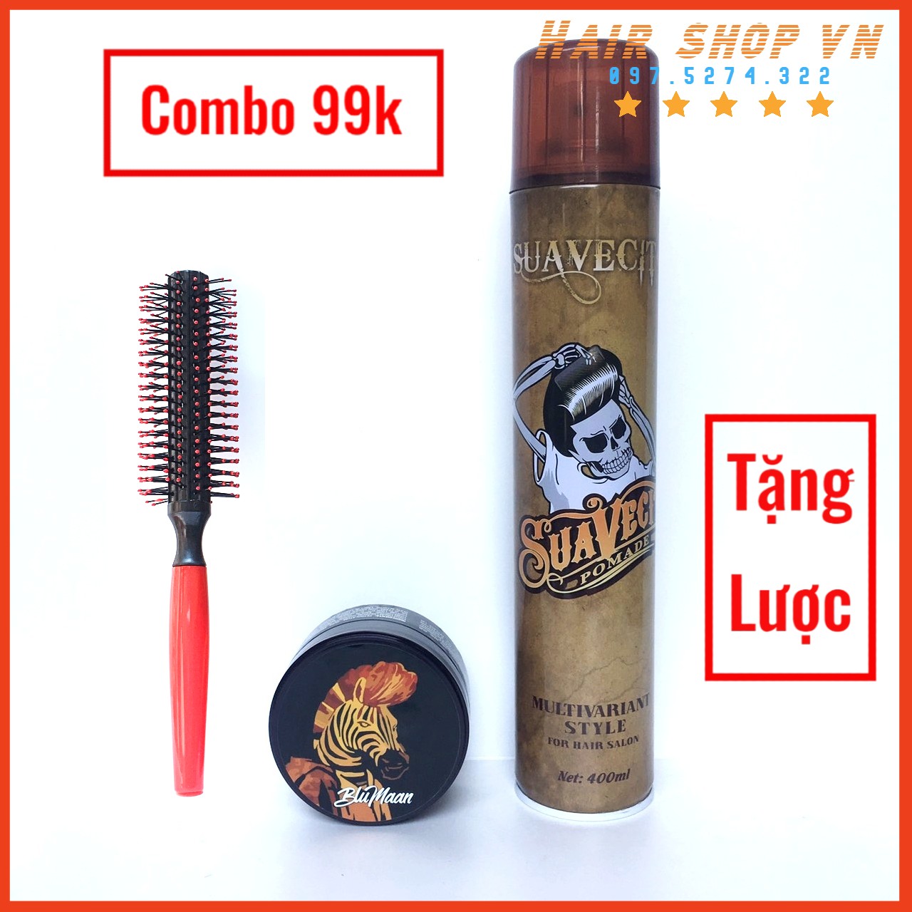 Combo gôm xịt toc suavecsito + sáp vuốt tóc blumaan ngựa vằn + l:ược