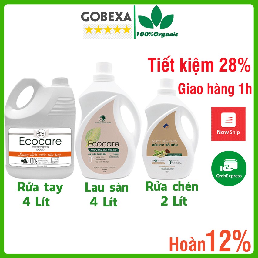 Combo tiết kiệm gồm Lau sàn Ecocare 4L, Rửa tay Ecocare 4L, Rửa chén Ecocare 2L