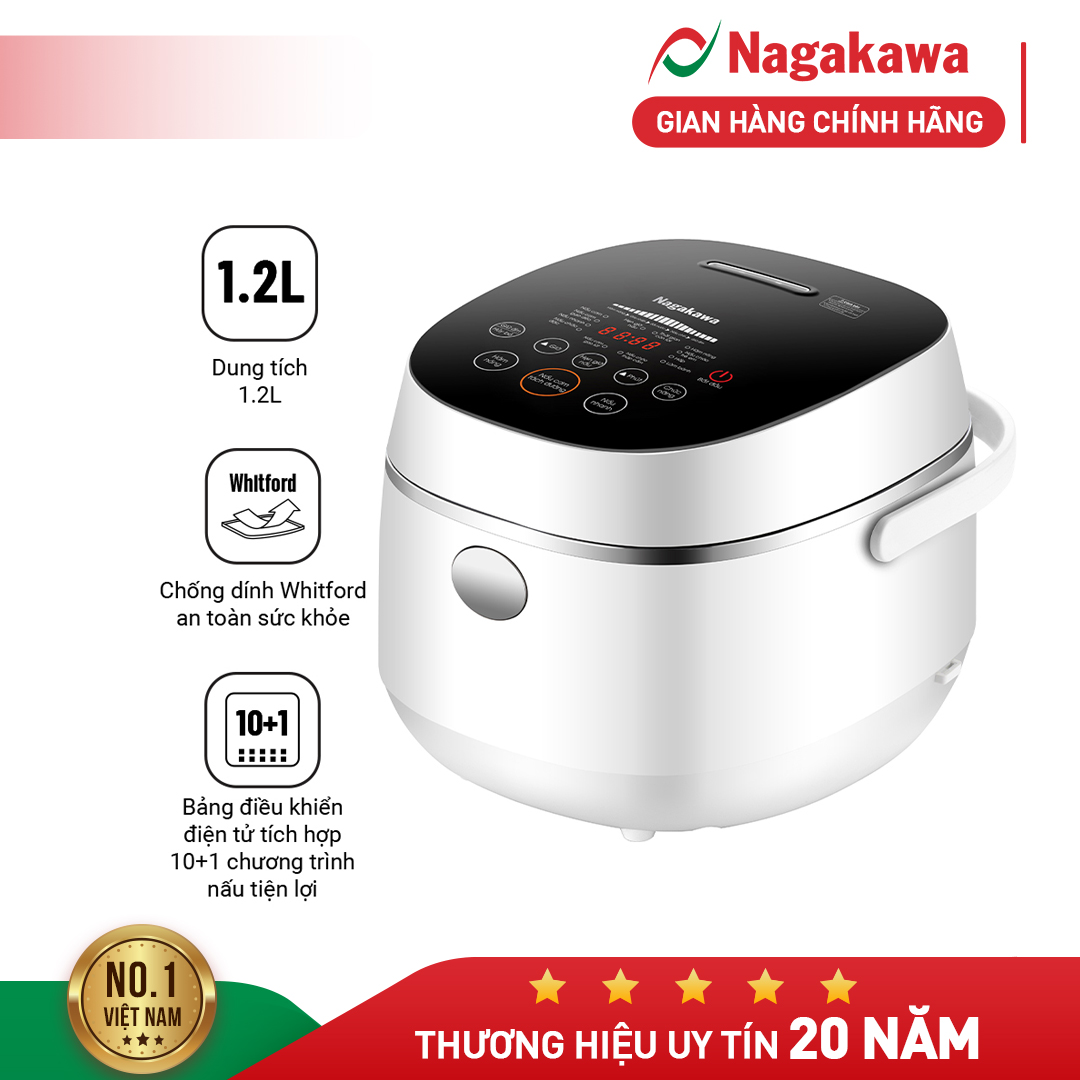 Nồi cơm điện Nagakawa NAG0136, dung tích 1.2L, công suất 500W, điều khiển cảm ứng, lòng niêu dày dặn, tích hợp 10 chương trình nấu, bảo hành 12 tháng