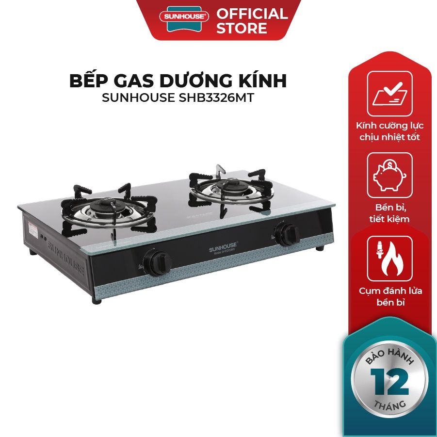 Bếp gas đôi sunhouse shb3326mt-mới- mặt bếp: kính cường hất liệu đồnglực đầu đốt:đầu đốt tiết kiệm gas, c