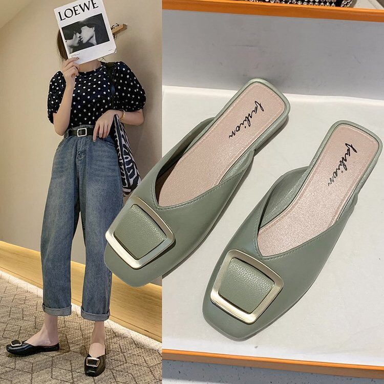 Giày sục nhựa nữ búp bê đế bệt mũi vuông hot trend 3 màu Đen - Xanh - Kem - TGS122