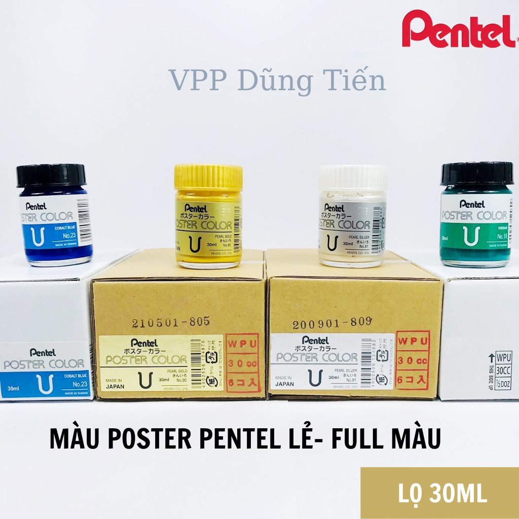 Màu Poster Pentel hũ lẻ 30ml/ Pentel poster color lọ thủy tinh 30ml- Full màu từ NO.1 đến NO.91
