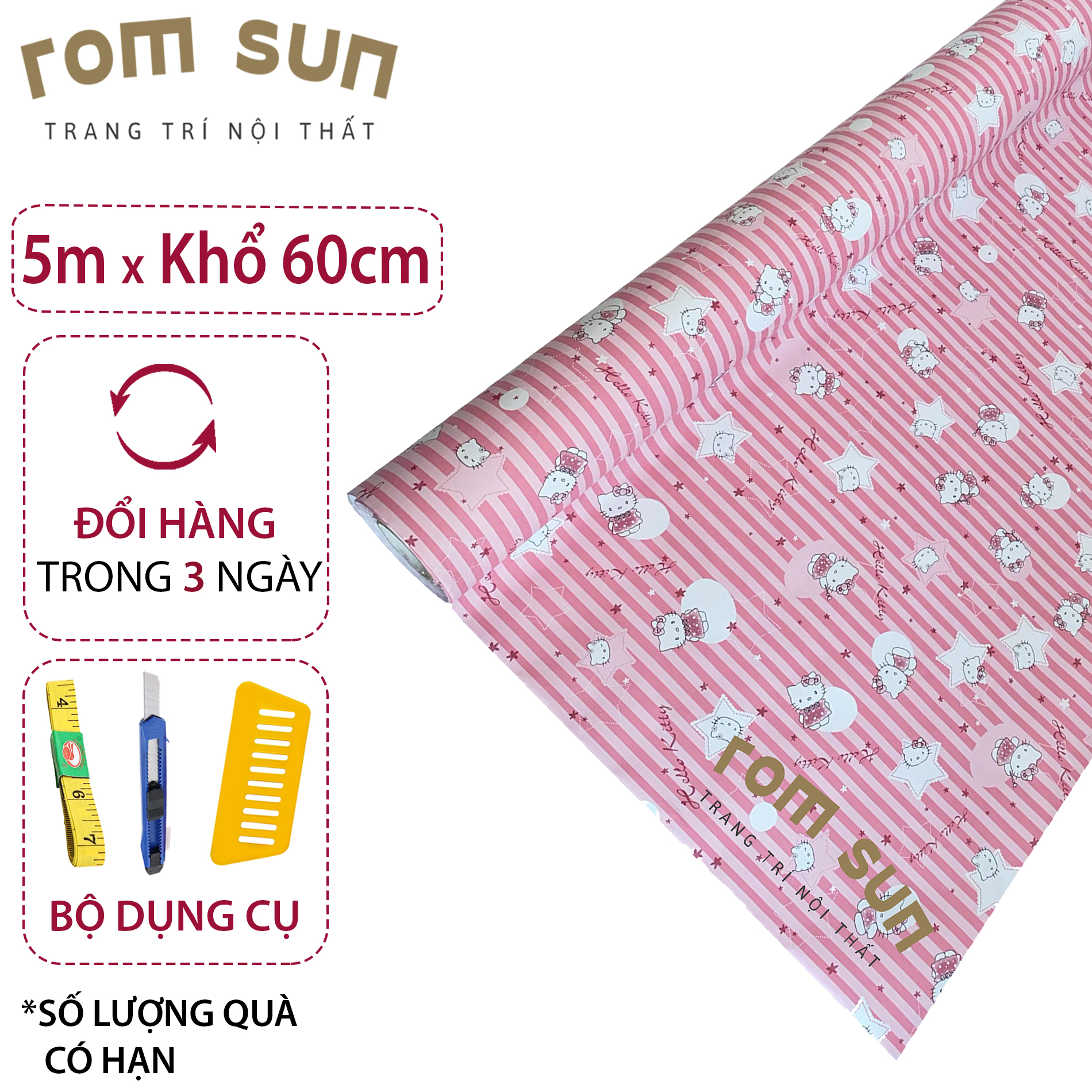 Giấy dán tường phòng ngủ khổ 60cm 1m2 màu hồng - Decal miếng dán tường hàn quốc 3D cho bé hello kitty G415