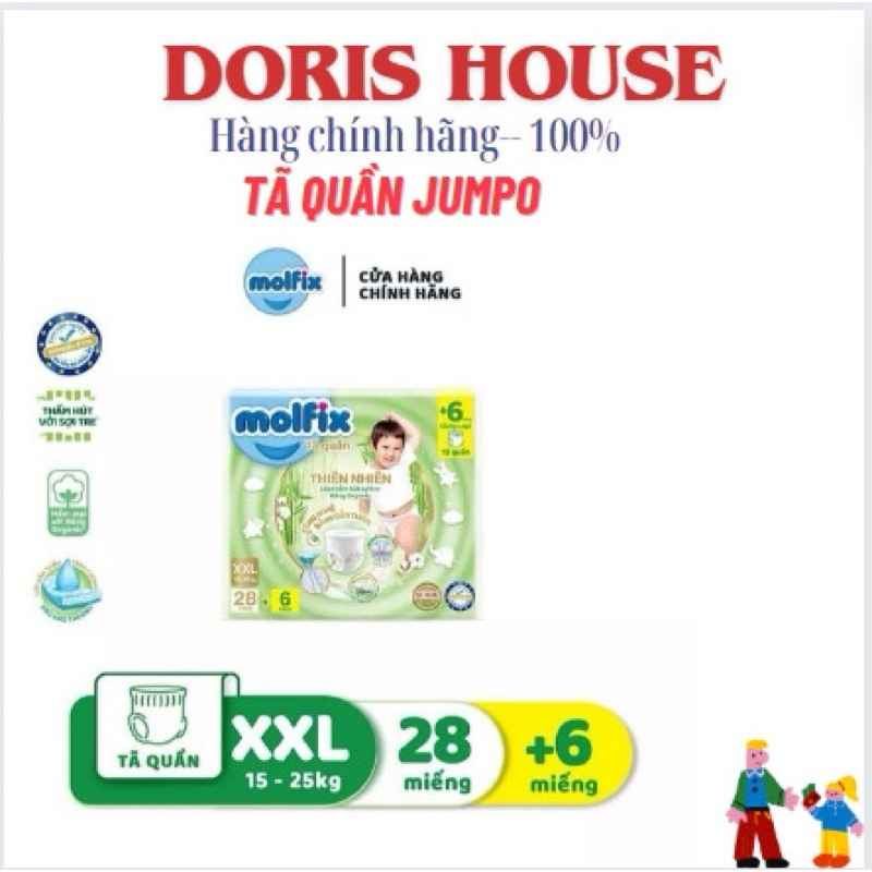   DATE MỚI- CHÍNH HÃNG  Tã bỉm quần Molfix Thiên nhiên Jumbo M  40+6  L36+6   X 32+6   XXL  28+6  