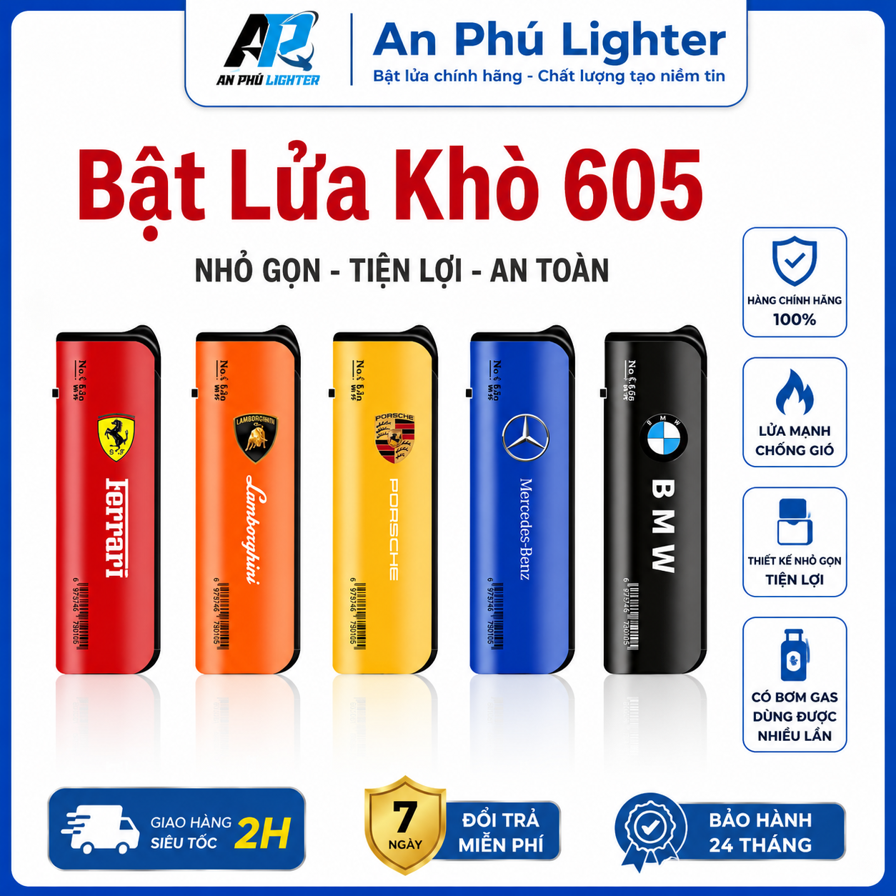 Bật Lửa Khò Tia Lửa Xanh 605- Vỏ Nhôm Bóng - Bật Ngan - Bơm Ga Được - Hàng Chính Hãng