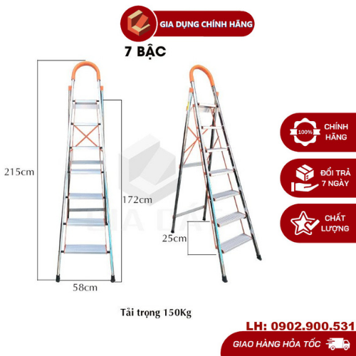 Thang nhôm ghế tay vịn 7 bậc khung sườn inox bản to hàng nhập khẩu, có quay video thực tế, bh 24 tháng