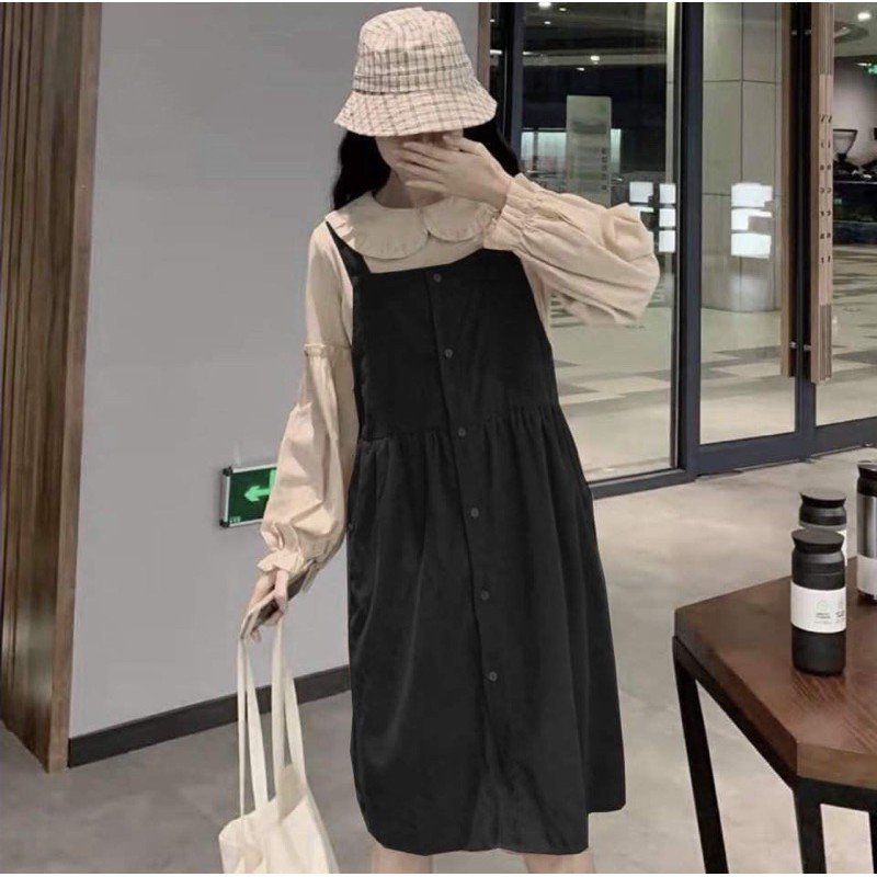 [HCM]Set yếm váy babydoll kèm áo tay bèo tay siêu dễ thương (Đen và Be)