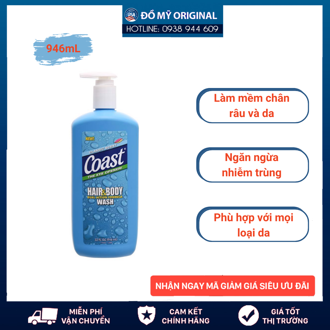 Sữa Tắm Gội Coast Mỹ 2in1 Hair And Body Cho Nam Chai 532ml - 946ml Hàng Nhập Mỹ Làm Sạch Cơ Thể Cung Cấp Độ Ẩm Cho Da Hương Thơm Mạnh Mẽ