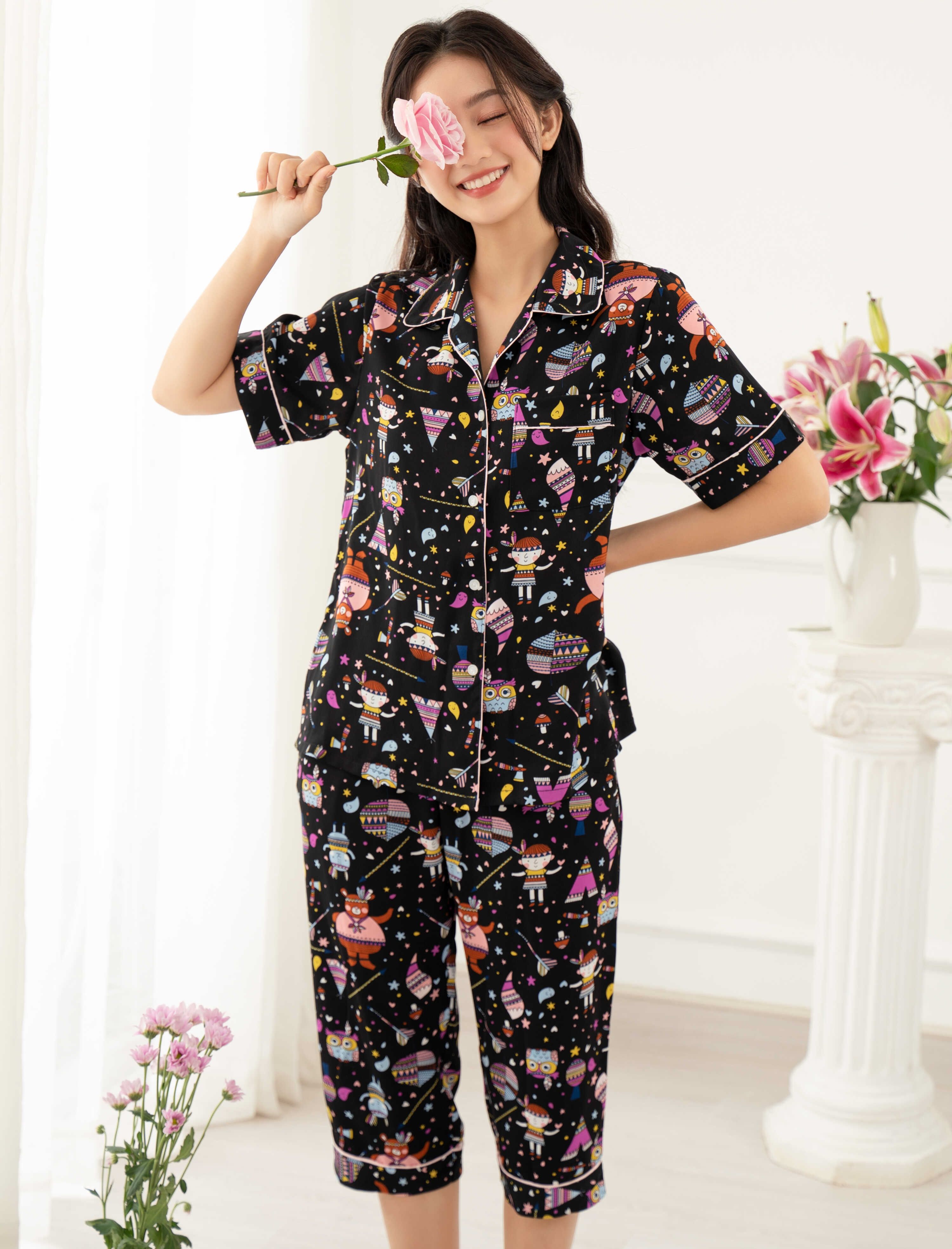 Vibes bộ pijama lửng mặc nhà owl ink capri py set