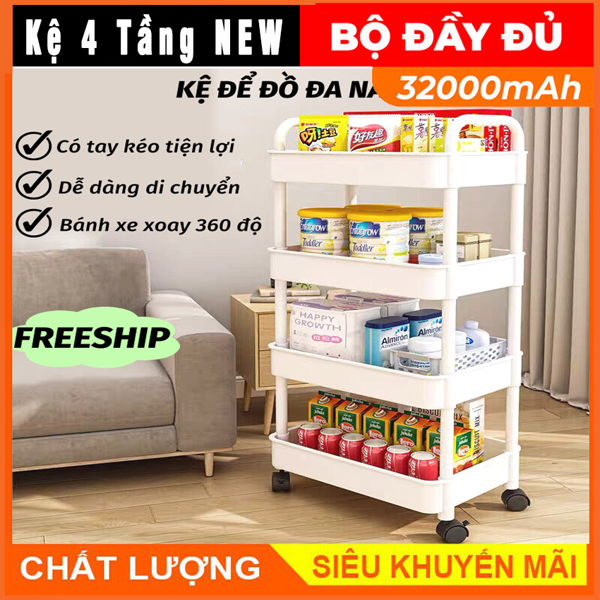Kệ nhựa chữ nhật đựng đồ đa năng 4 tầng có bánh xe đẩy di động nhà bếp, phòng tắm, spa. xe đẩy spa 4 tầng đa năng, giá đỡ xe đẩy nhà bếp kệ sắp xếp bồn tắm tay cầm bánh xe có thể khóa