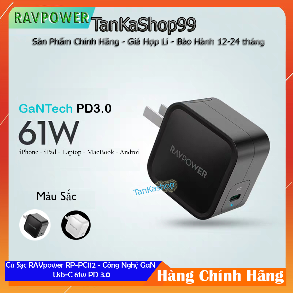 Củ Sạc Ravpower RP-PC112 - 1cổng Usb-c 61W PD 3.0 - Công Nghệ GaN