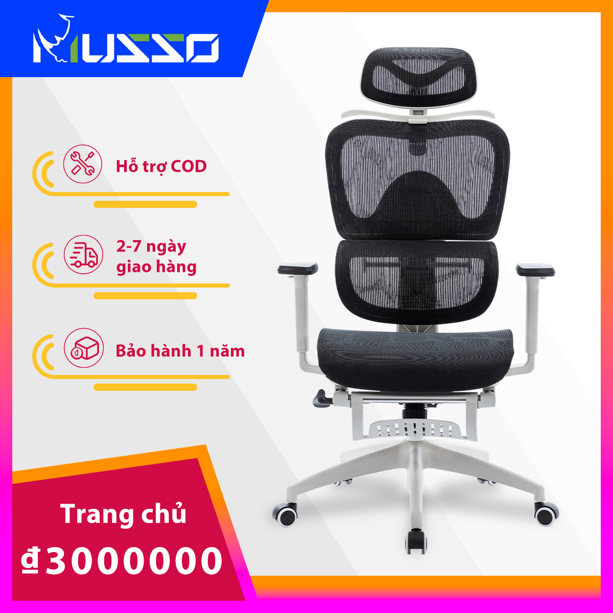 MUSSO E600 Ghế công thái học 3D Tay vịn và tựa đầu có thể điều chỉnh Ghế chơi game với hỗ trợ thắt lưng có thể điều chỉnh Ghế văn phòng công thái học