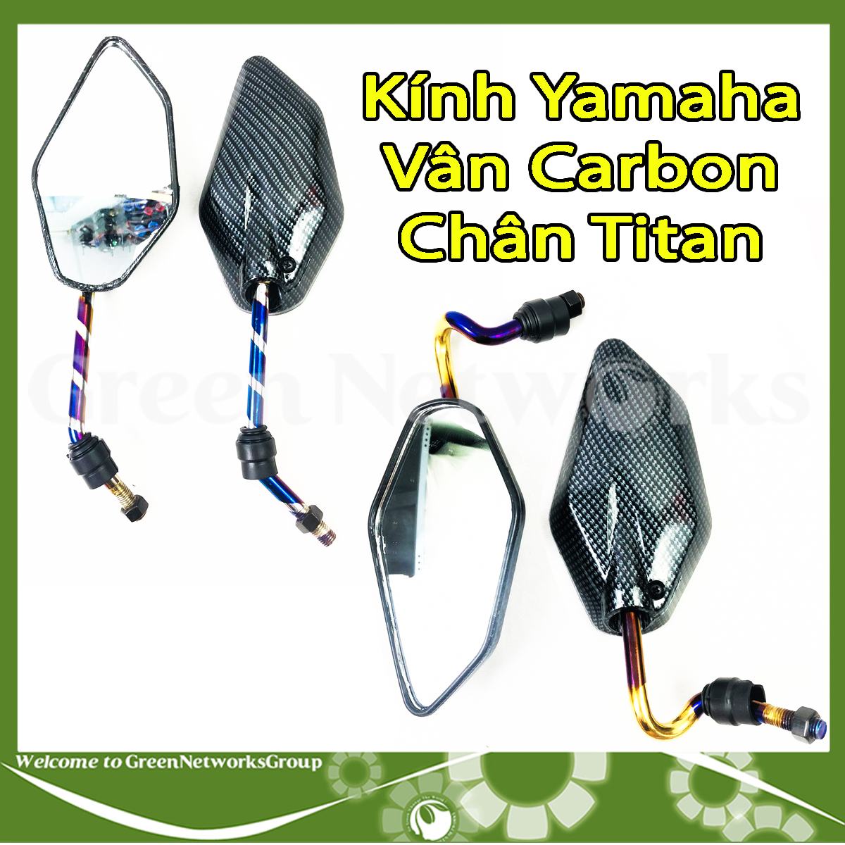 Cặp gương chiếu hậu Yamaha vân carbon tay cong tay thẳng Titan chân 10ly Greennetworks