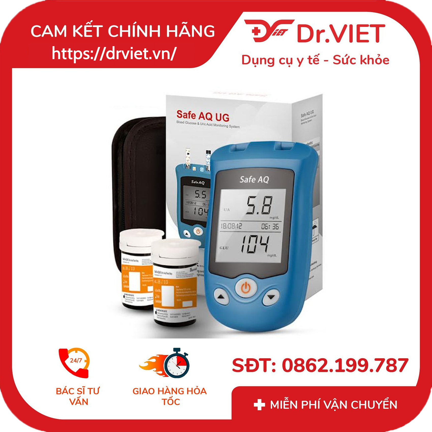 Blood Glucose Meter + measurement uric acid (uric acid) diagnostic gout (gout) 2 in 1 Sinocare safe AQ UG safety genuine (bundled 100 test strips + 100 needle) compact, lightweight, convenience, no pain, can measure at home