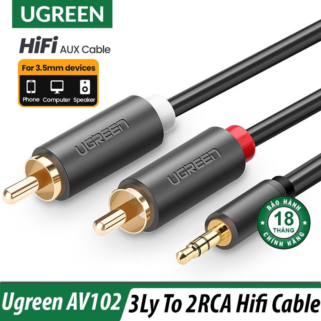 Cáp Chuyển Audio 3.5mm ra 2RCA Chính Hãng UGREEN AV102 Chính Hãng