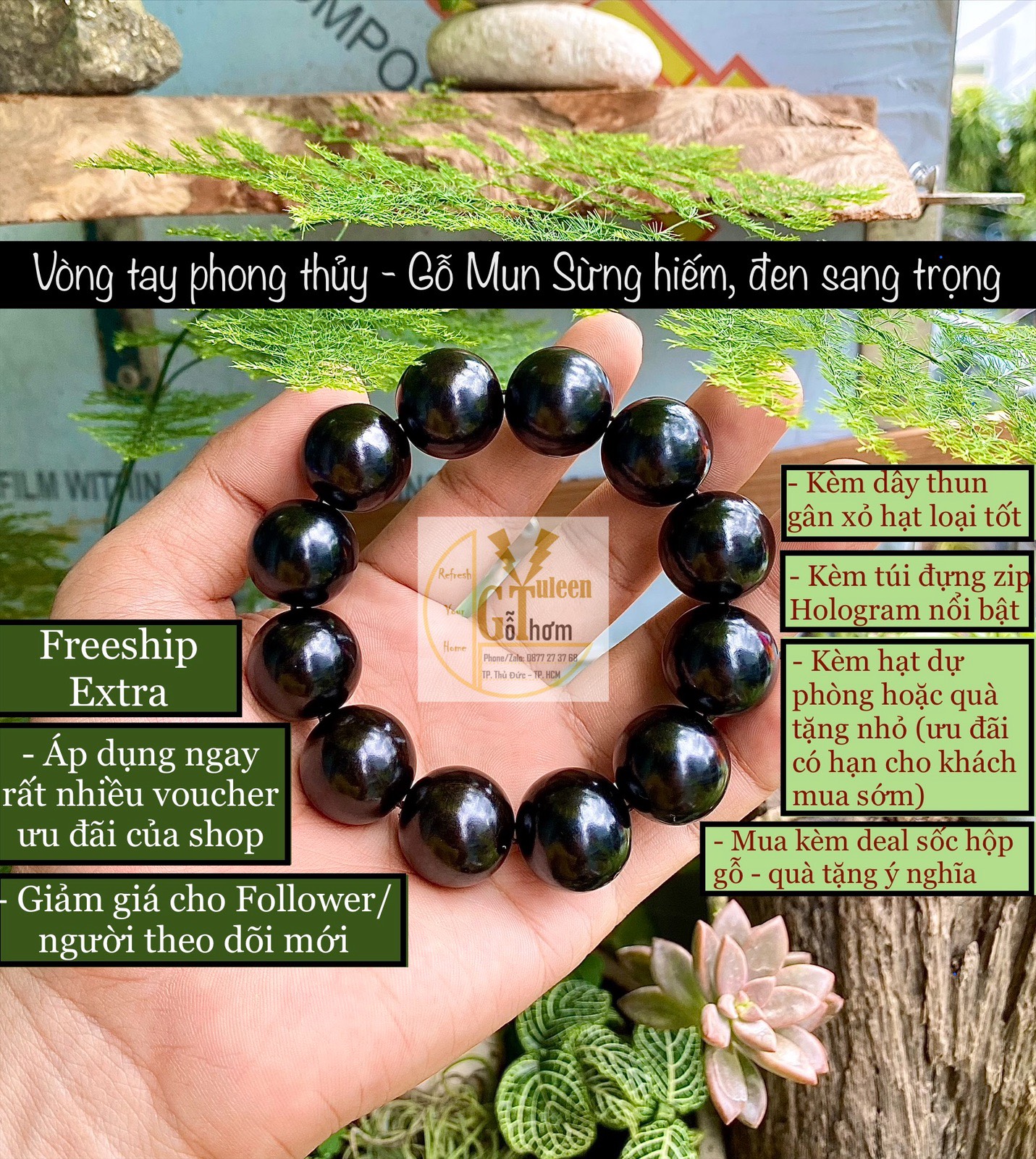 Vòng phong thủy gỗ mun hút tài vận, mun sừng Khánh Hòa, vòng tay đẹp cá tính, màu đen sang trọng, quà tặng ý nghĩa, độc đáo