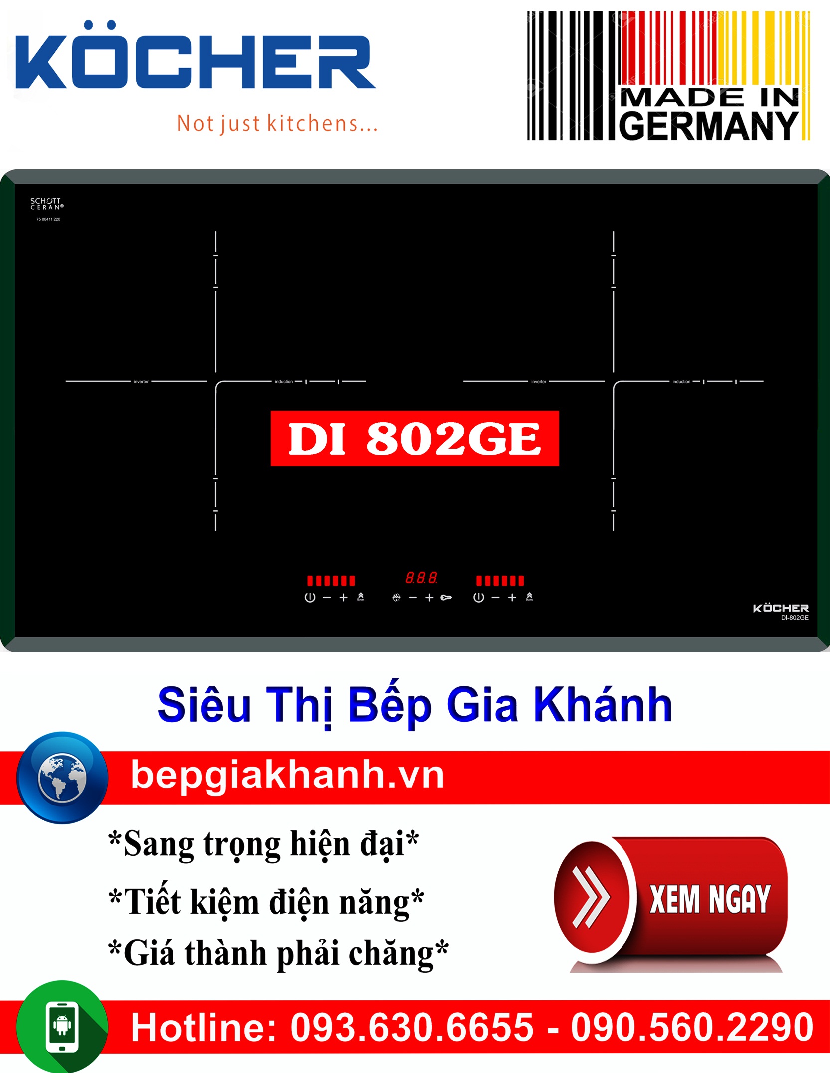 Bếp từ đôi Kocher DI 802GE nhập khẩu Đức, bếp từ, bếp điện từ, bếp từ đôi, bếp điện từ đôi, bếp từ giá rẻ, bếp điện từ giá rẻ, bếp từ đơn, bep tu don, bep tu