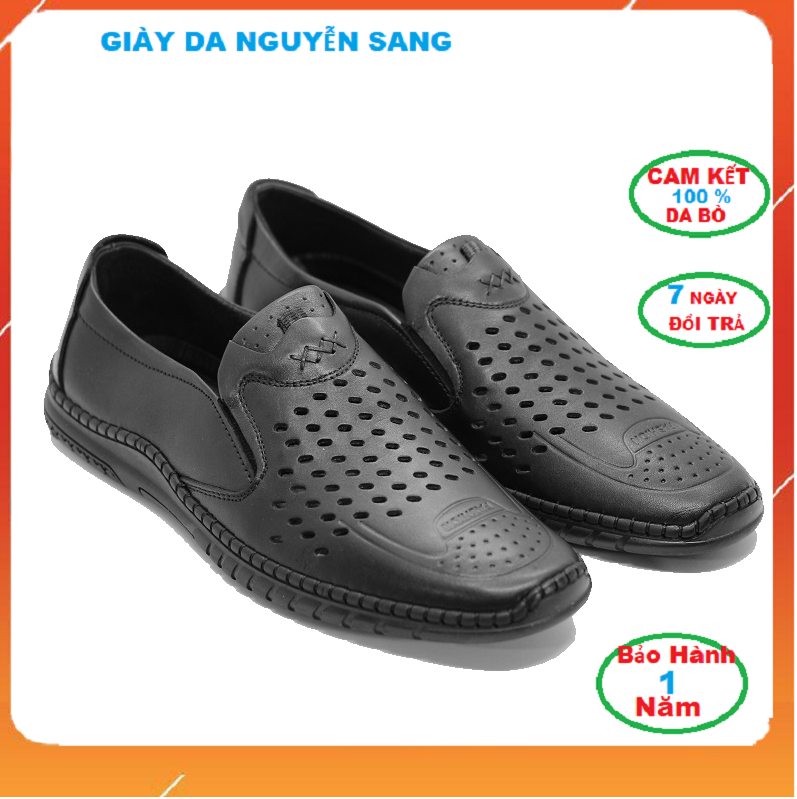 Giày lười nam da bò đục lỗ thoáng khí đế cao su được khâu chắc chắn