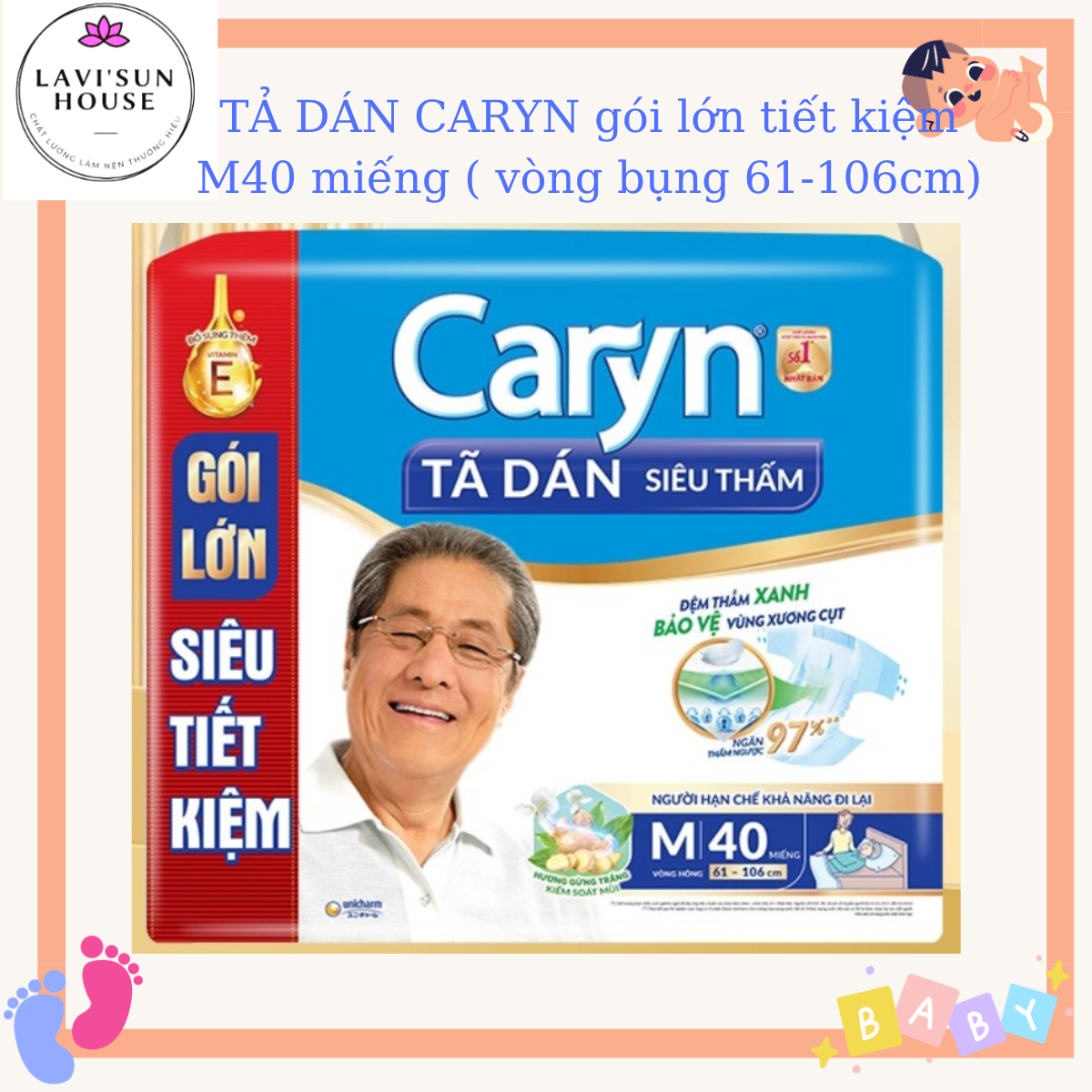 Tã dán người lớn caryn siêu thấm size m - 40 miếng gói siêu tiết kiệm người già vòng bụng 61-106c