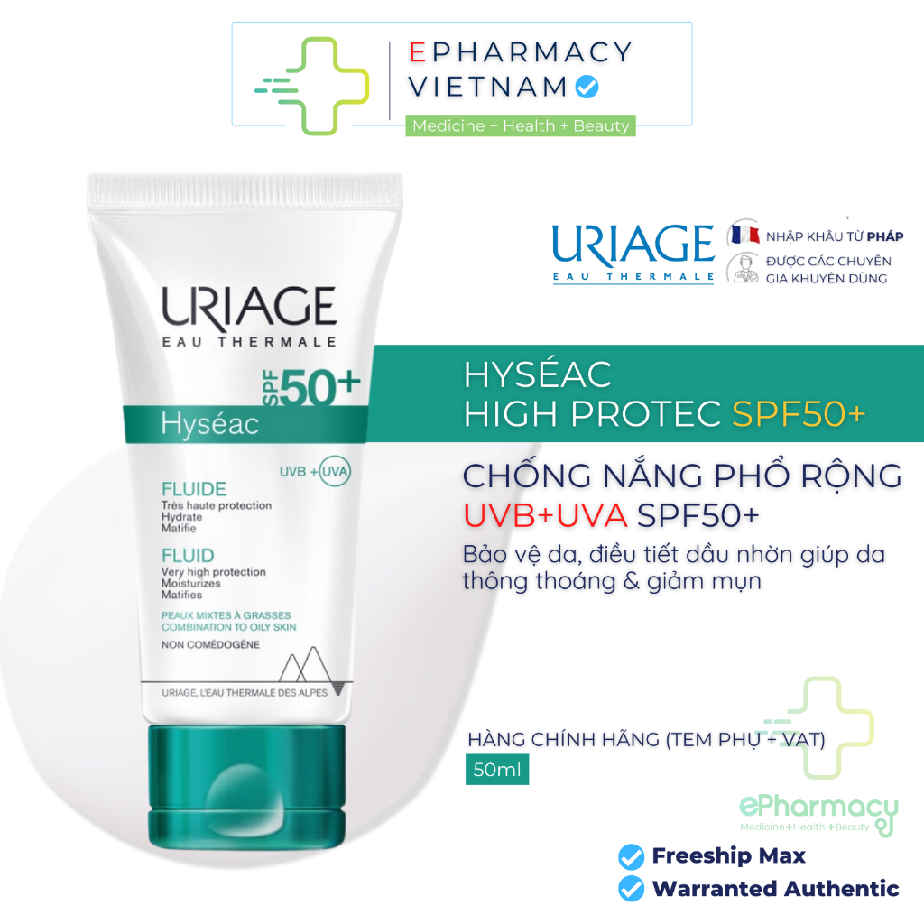 Kem chống nắng uriage hyseac spf50+ uvb+uva fluide dạng sữa cho da dầu mụn 50ml