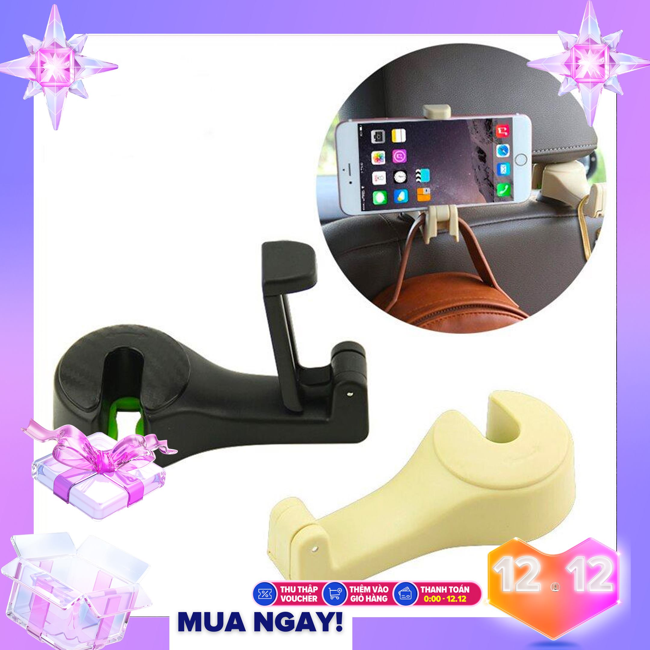 Móc treo đồ gắn ghế ô tô, xe hơi kiêm giá đỡ điện thoại đa năng, móc xoay 360 độ, chịu tại tới 8 kg, màu kem